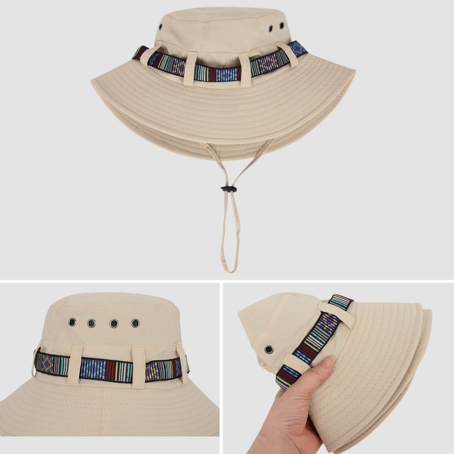 Wide Brim Bucket Hat with Colorful Ribbon Trim Breathable Mesh Lining and Adjustable Chin Strap for Outdoor Use
