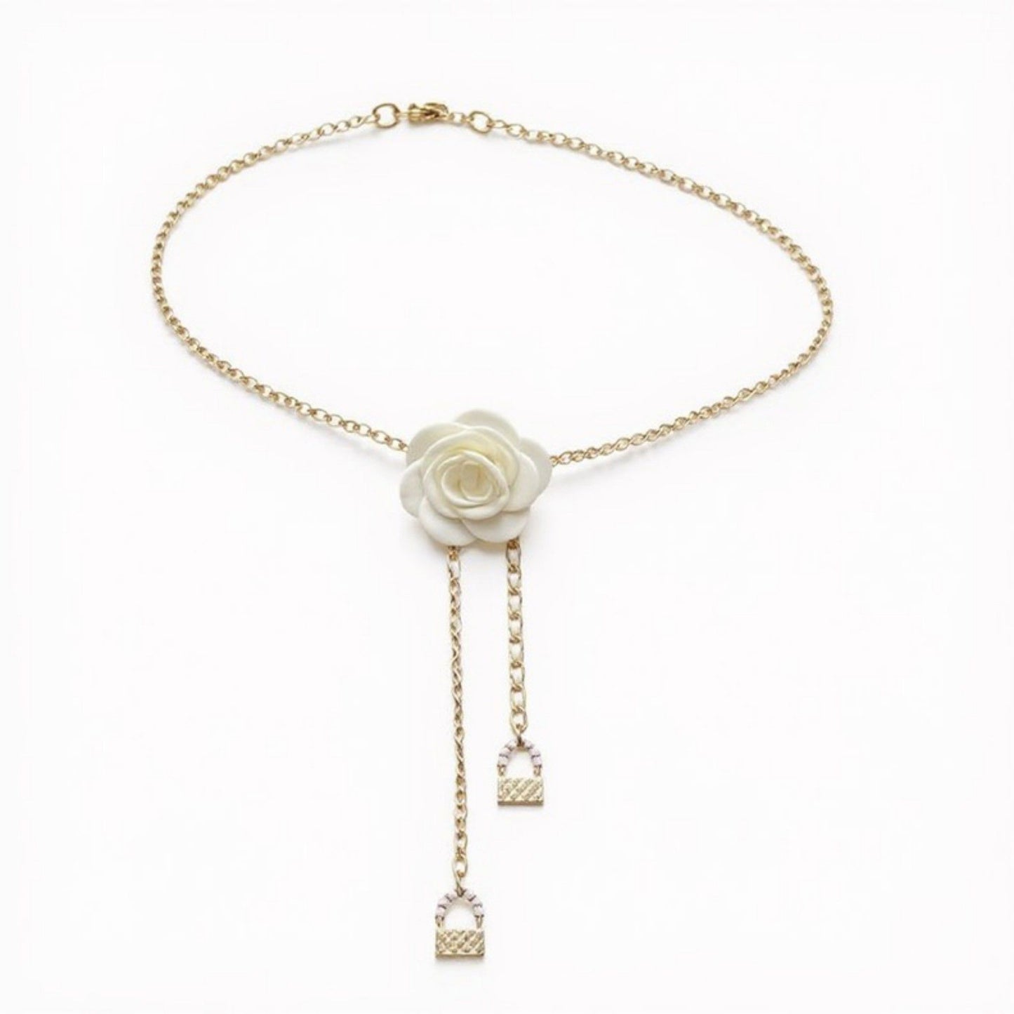 Rose Flower Chain Belt with Hanging Lock Charms and Adjustable Drape Design 45.5in