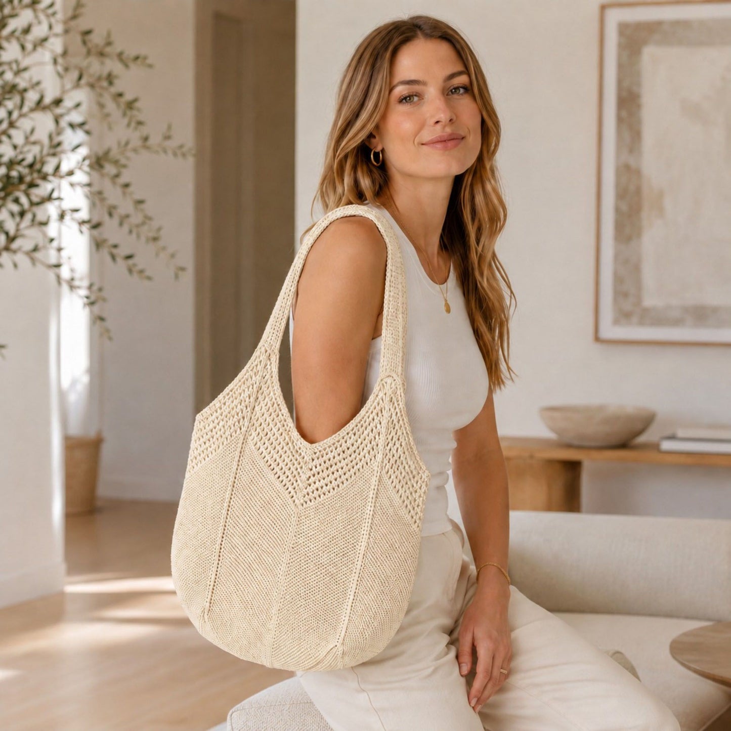 Crochet Knit Tote Bag Openwork Shoulder Bag with Heart Inspired Detail