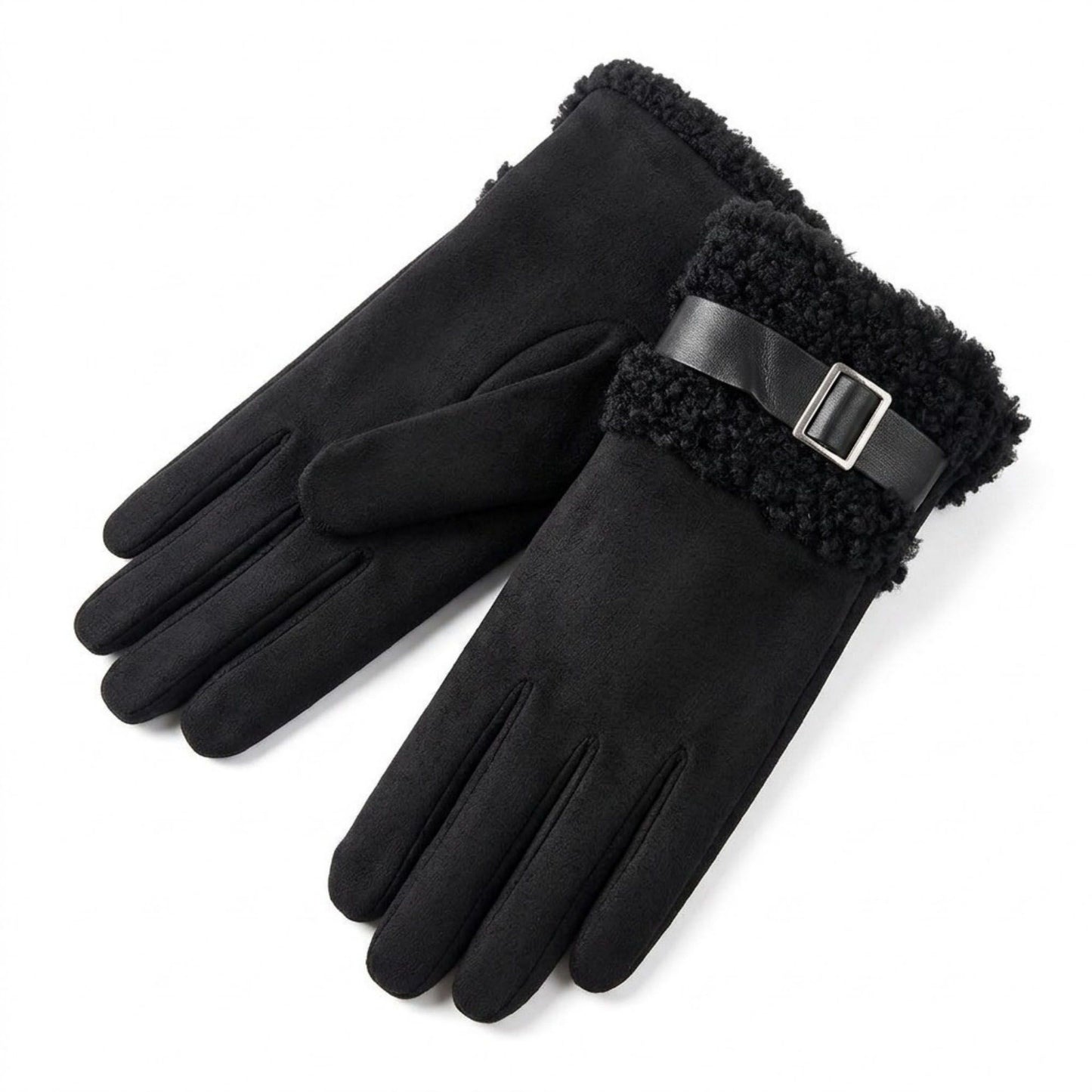Faux Suede Gloves with Plush Faux Fur Cuffs and Buckle Detail