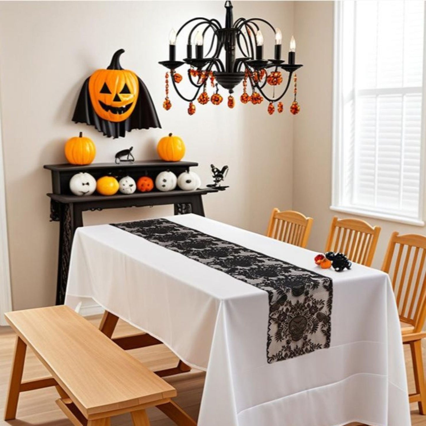 Halloween Black Lace Skull Cutout Table Runner