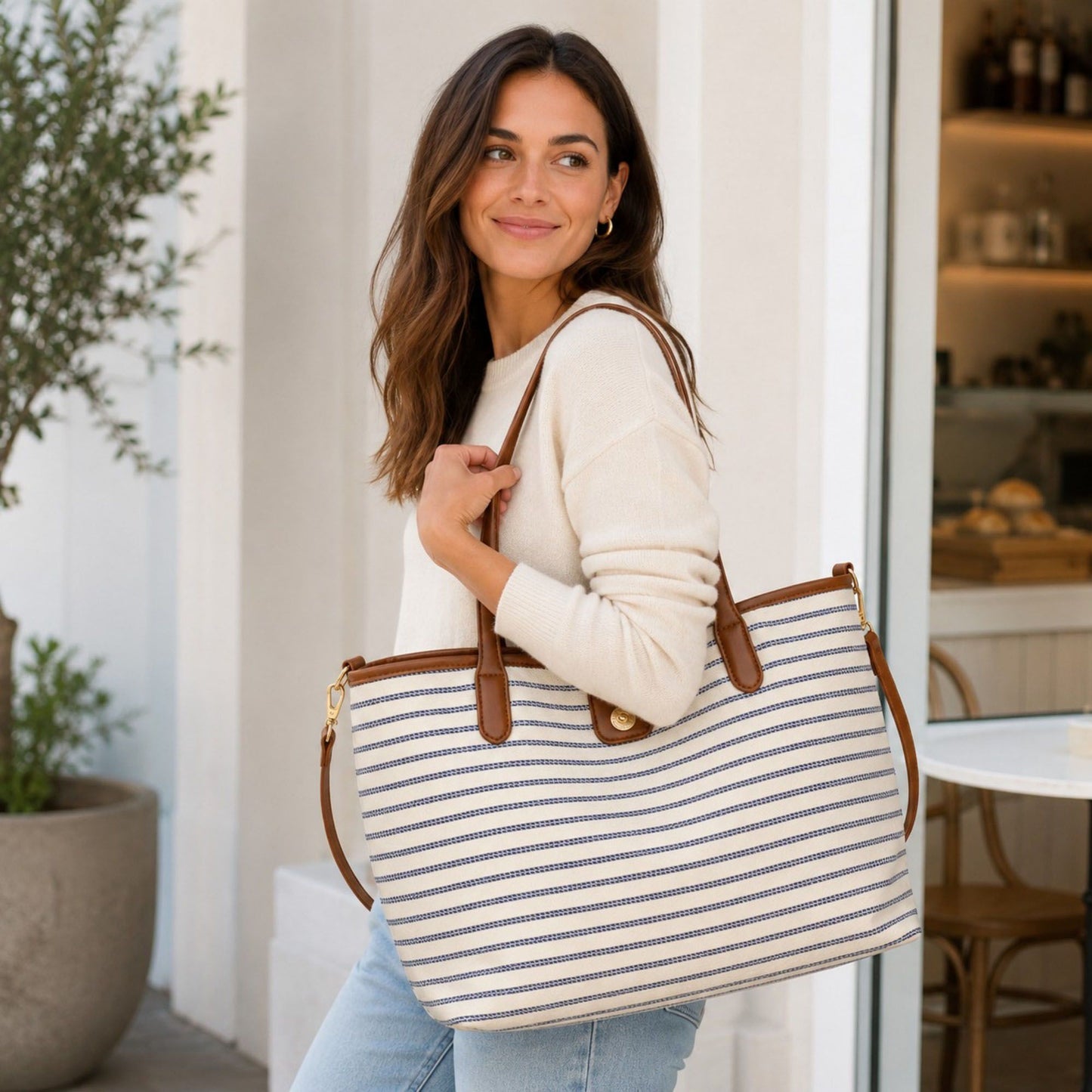 Striped Canvas Tote Bag with Faux Leather Trim and Large Capacity