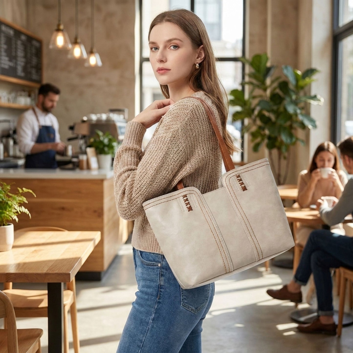Faux Leather Tote Bag Shoulder Handbag with Zipper Closure for Work