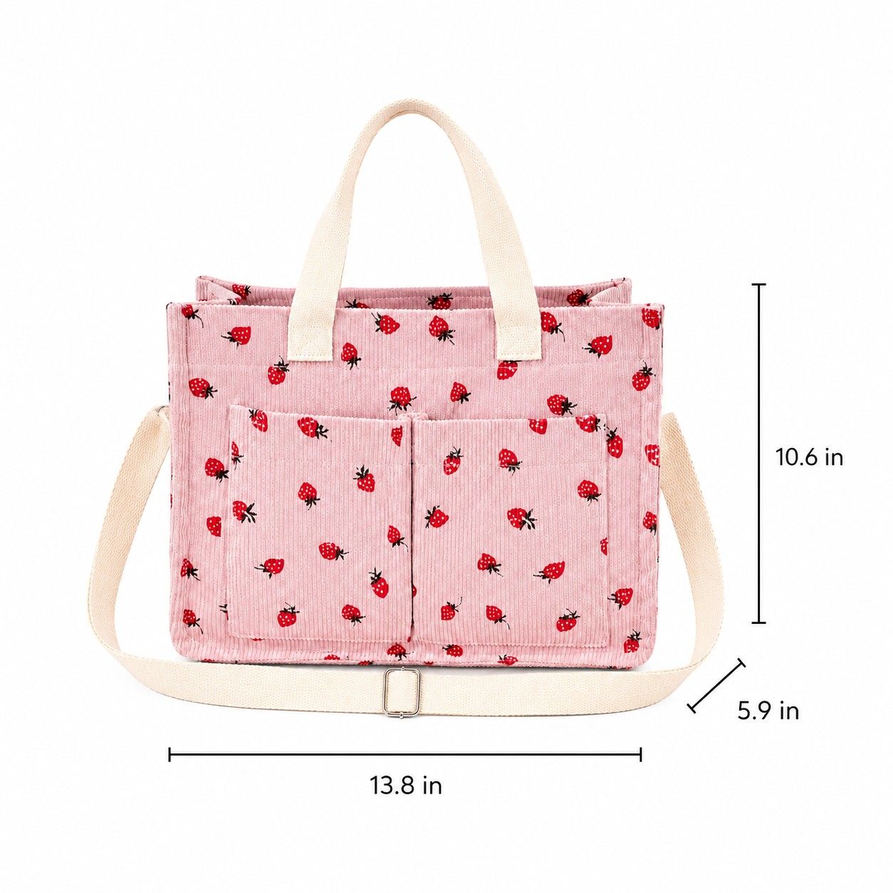 Canvas Strawberry Print Tote Bag with Shoulder Strap and Side Pockets