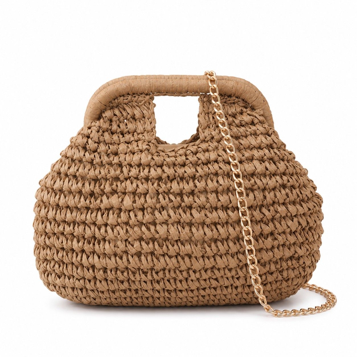 Small Woven Straw Handbag Chain Crossbody Bag with Top Handle and Flap Closure