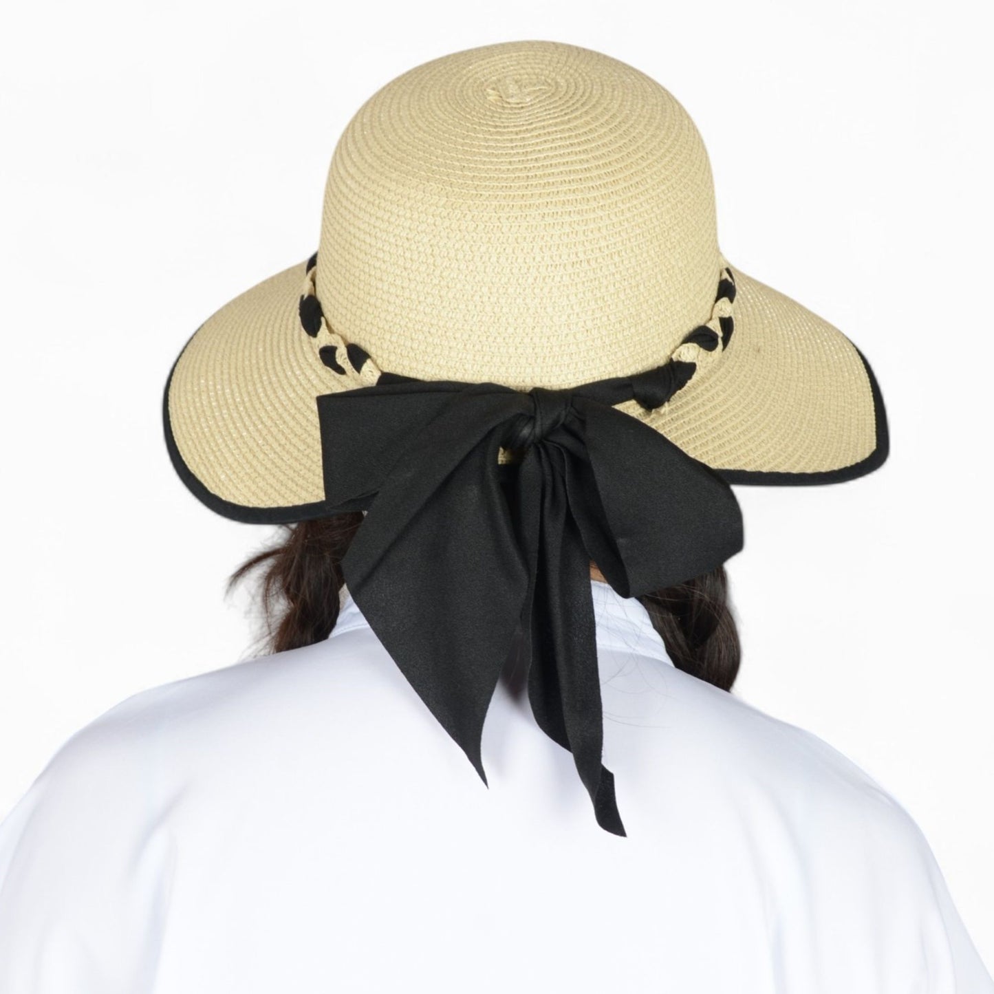 Women's Wide Brim Straw Hat with Braided Band and Contrast Bow Detail
