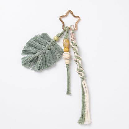 Green Macrame Leaf Bag Charm with Beads Braided Tassel and Star Clip