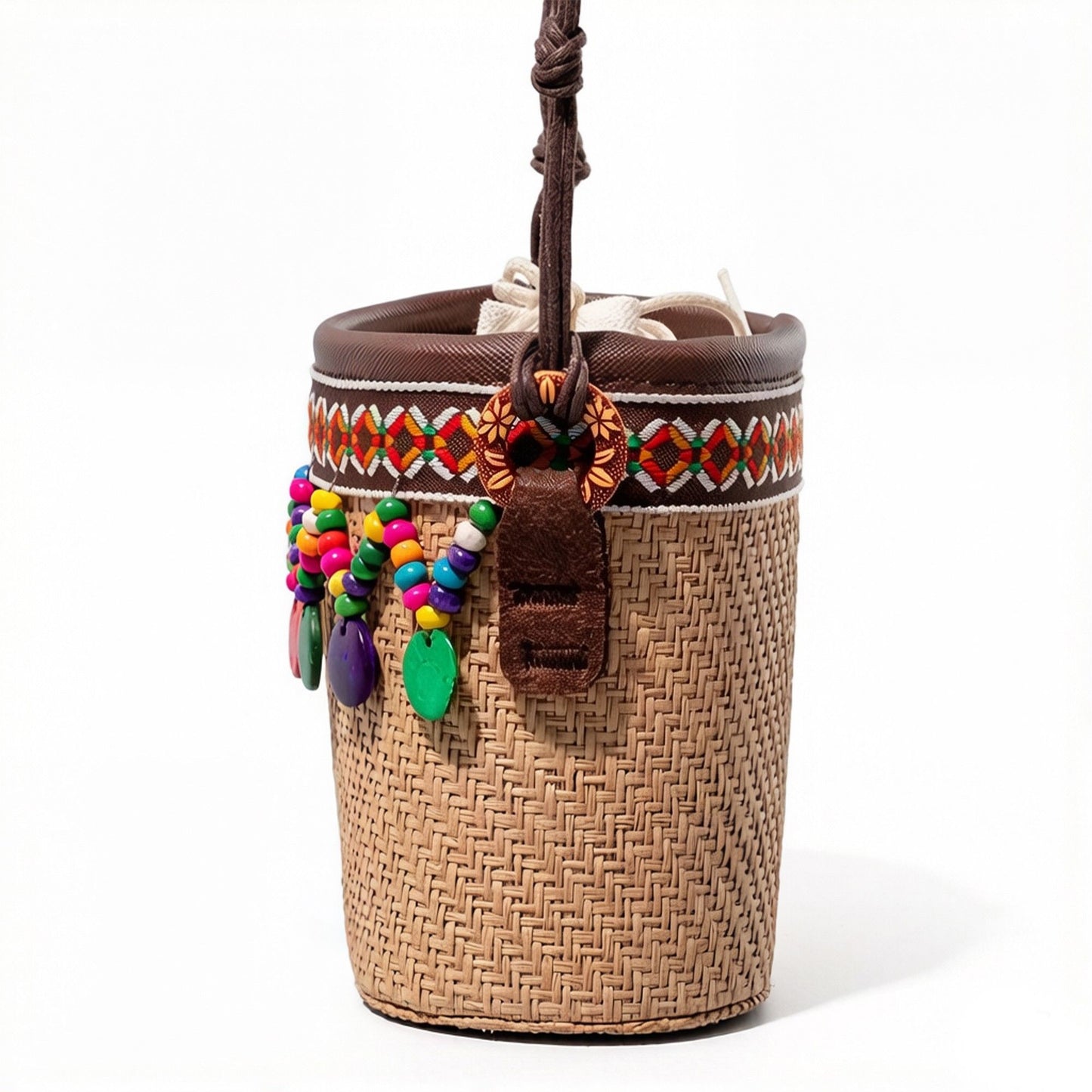 Woven Straw Mini Crossbody Bag with Tassel Detail Drawstring Closure Small Cylinder Handbag