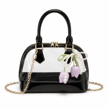 Clear PVC Mini Satchel Bag with Chain Strap and Floral Pearl Charm