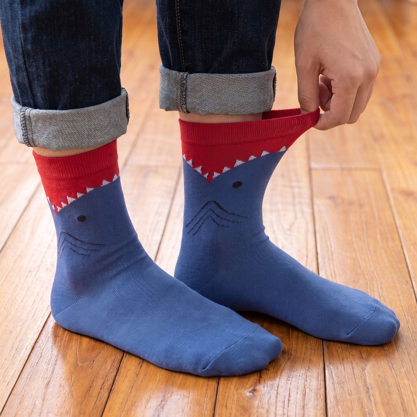 6 Pair Shark Graphic Crew Socks with Contrast Red Cuffs