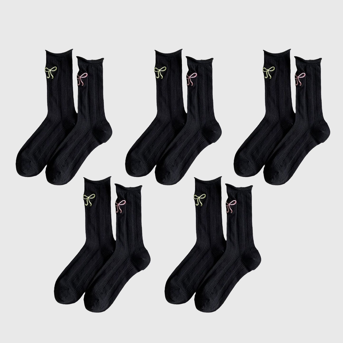 Adorable Bow-Embroidered Ribbed Ankle Socks 5Pk