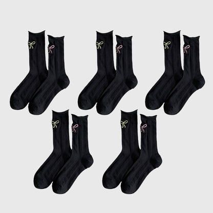 Adorable Bow-Embroidered Ribbed Ankle Socks 5Pk