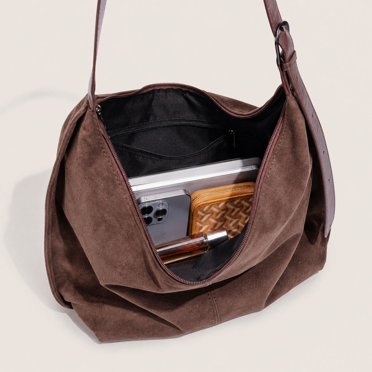 Slouchy Faux Suede Hobo Shoulder Bag with Zipper Closure and Adjustable Strap