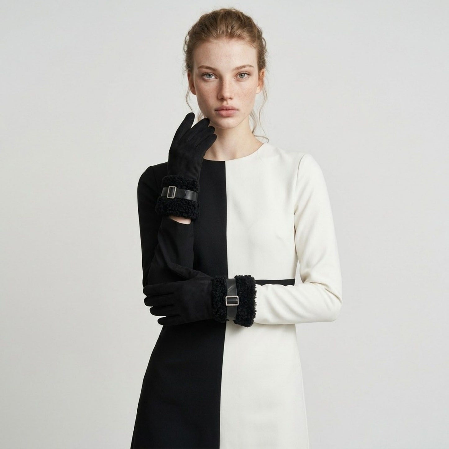 Faux Suede Gloves with Plush Faux Fur Cuffs and Buckle Detail