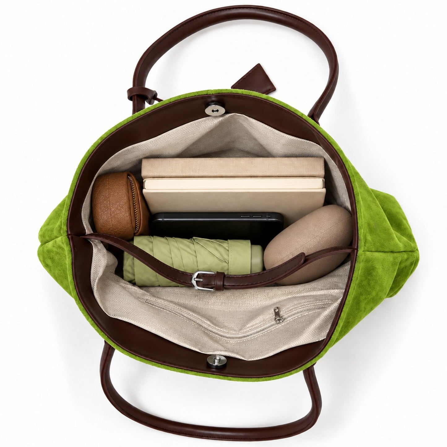 Large Suede Look Tote Bag with Double Handles Magnetic Closure and Interior Zip Pocket
