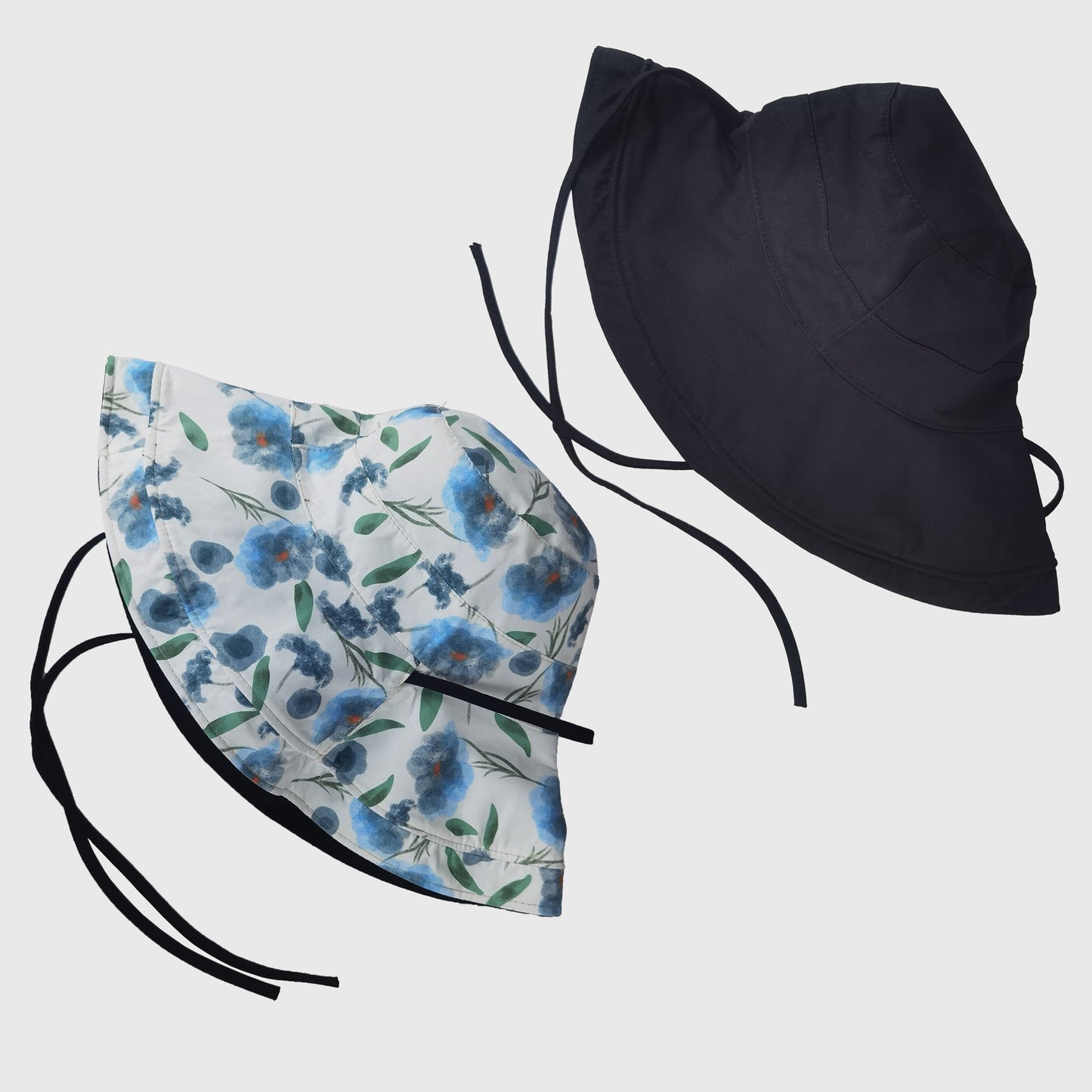 Women's Reversible Floral & Solid Bucket Sun Hat with Chin Strap