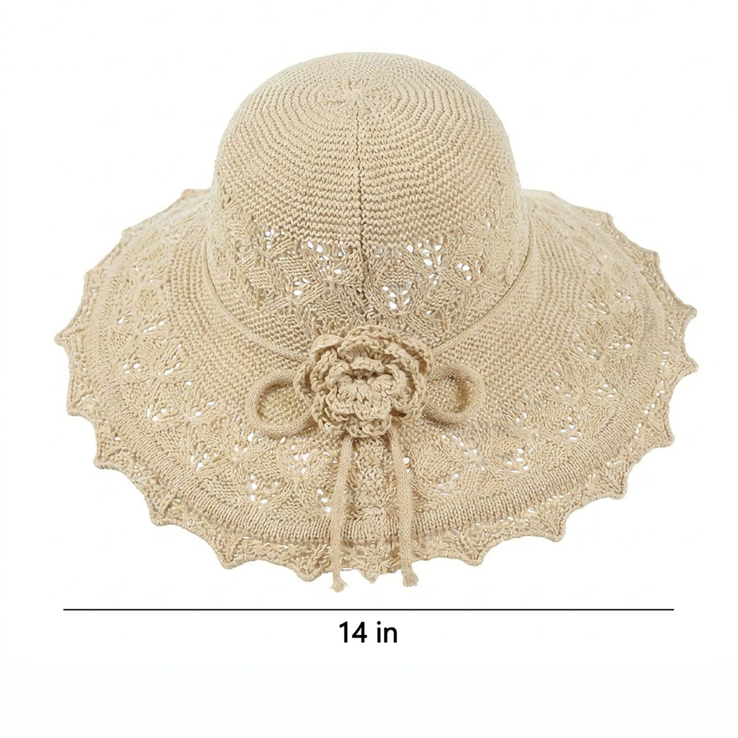 Crochet Wide Brim Sun Hat with Scalloped Edge Floral Accent and Chin Strap
