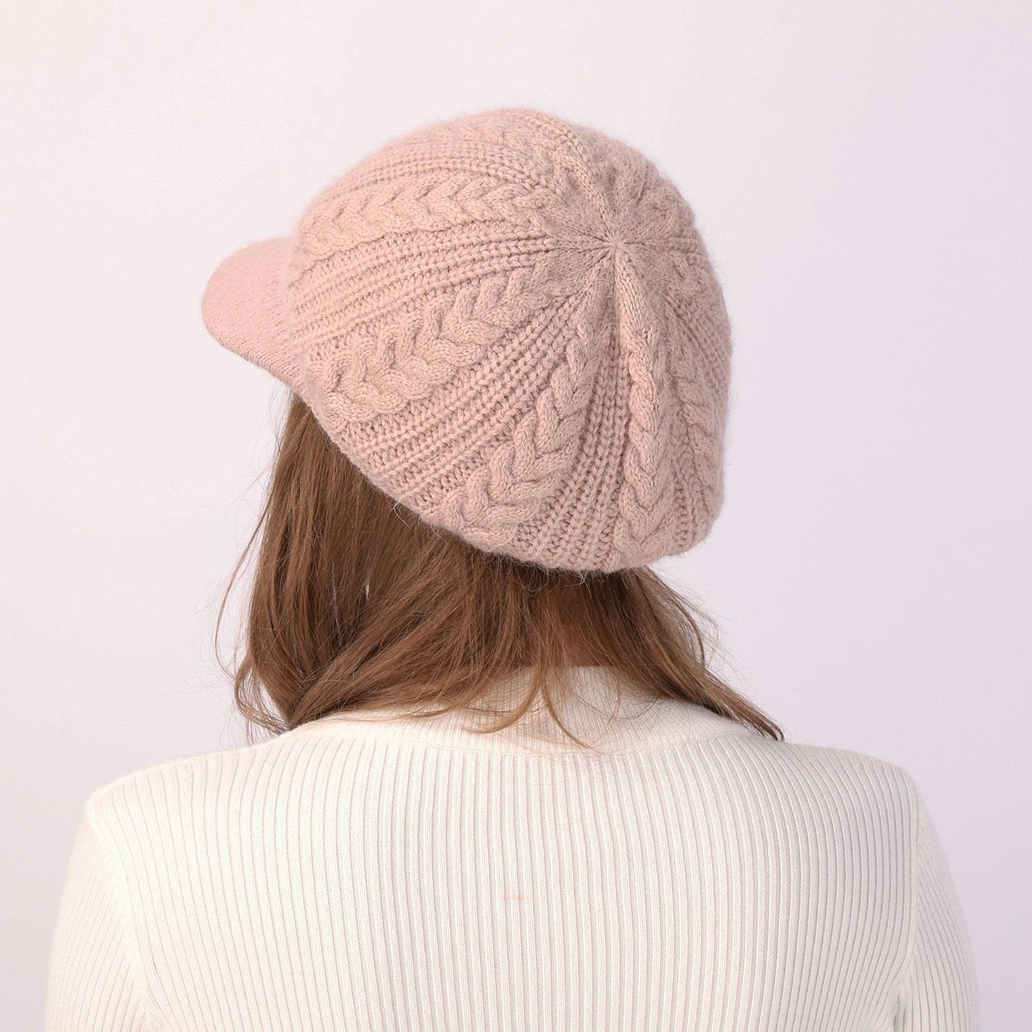 Cable Knit Brim Beanie Faux Fur Lined Warm Winter Hat
