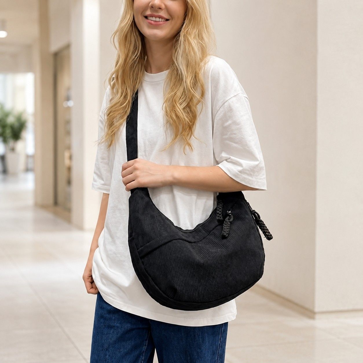 Corduroy Crescent Crossbody Bag with Adjustable Strap and Zip Pockets
