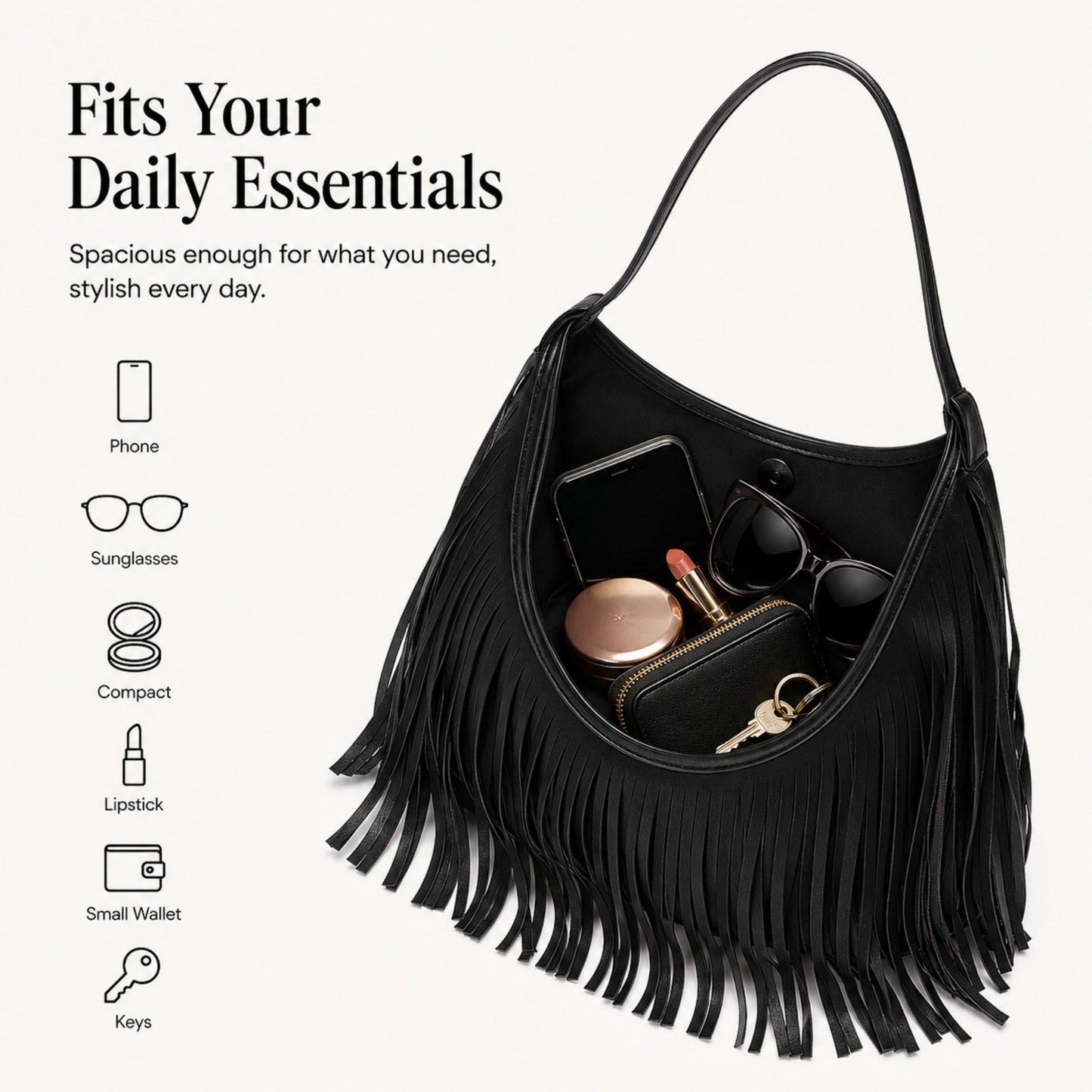 Fringe Shoulder Bag Beige Suede Look Boho Hobo Purse with Long Strap