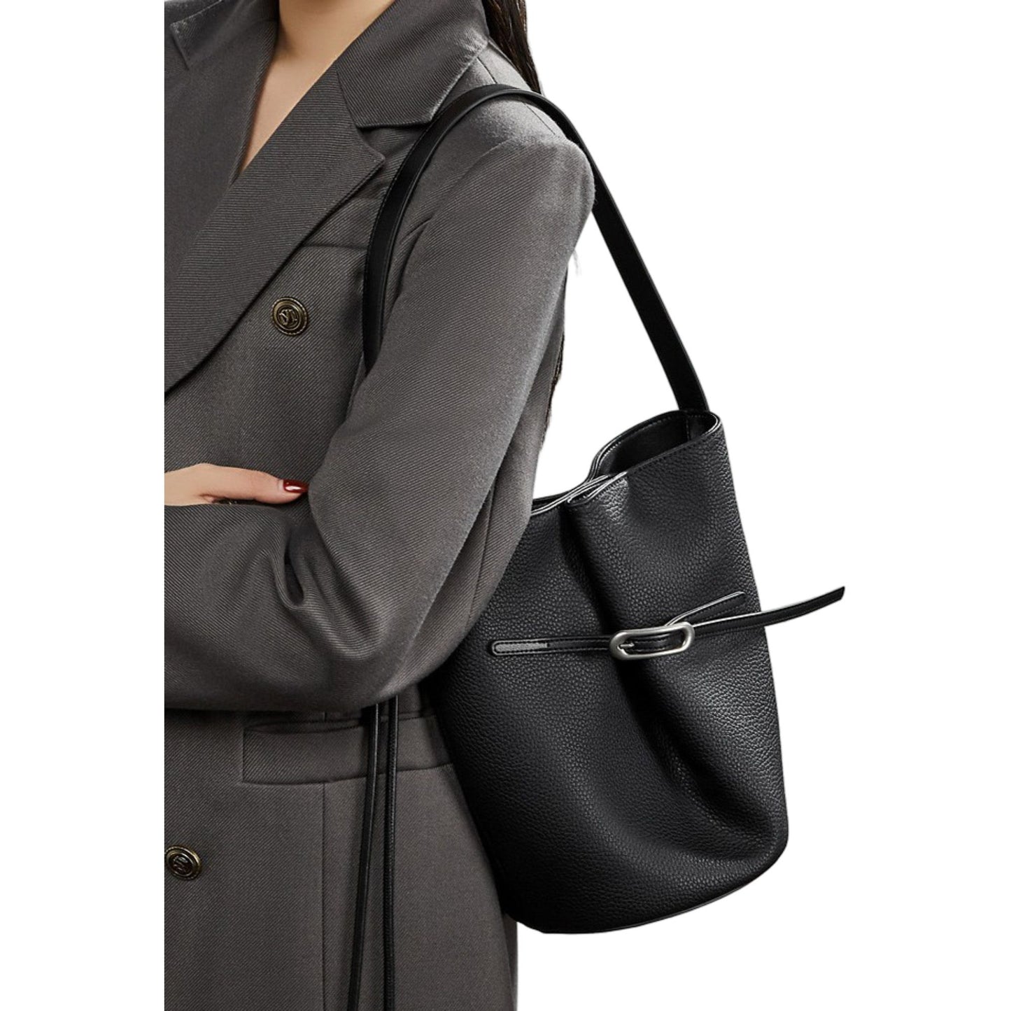 Pebbled Leather Bucket Shoulder Tote with Adjustable Buckle Accent and Open Top Design