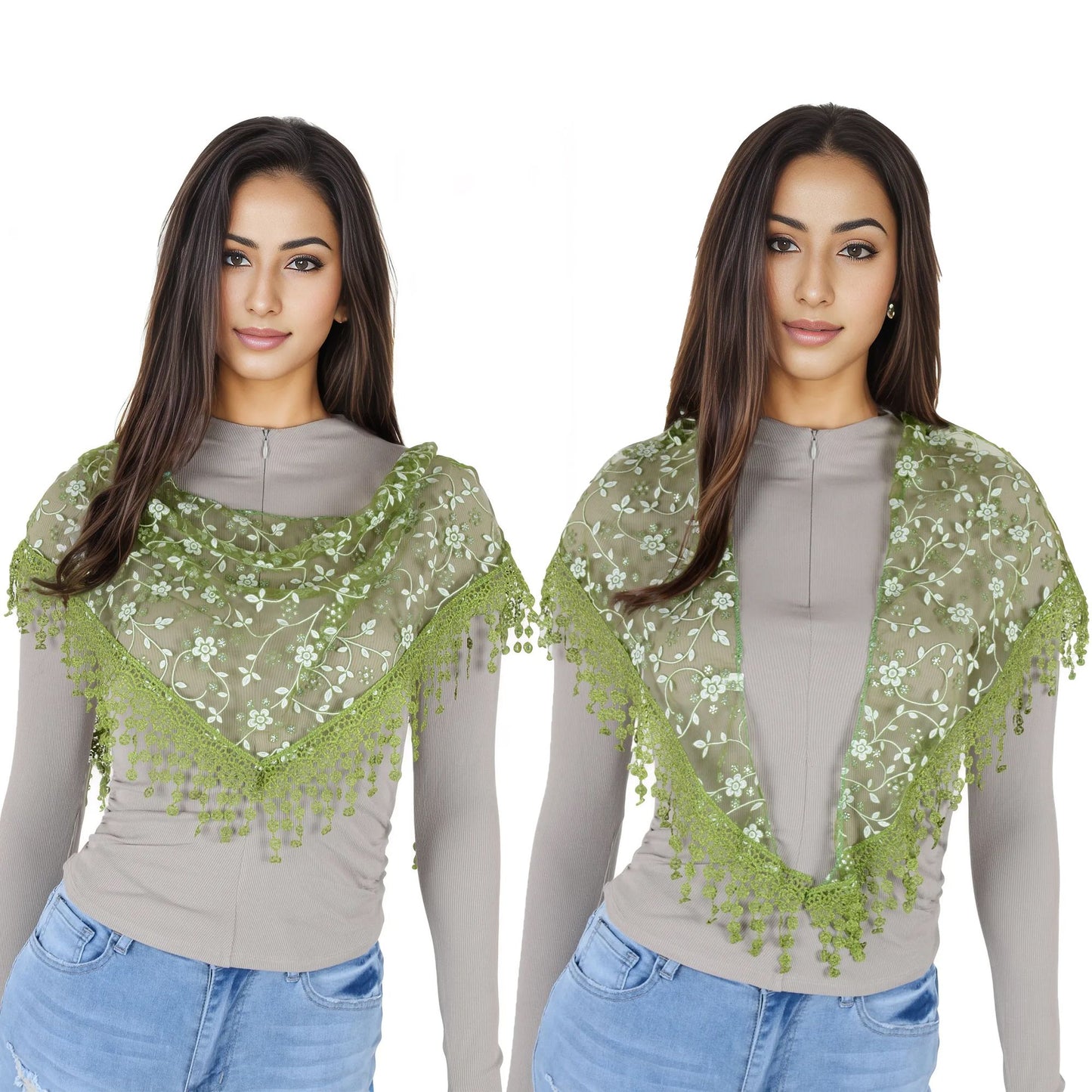 Lightweight Lace Floral Head Scarf Fringe Triangular Shawl