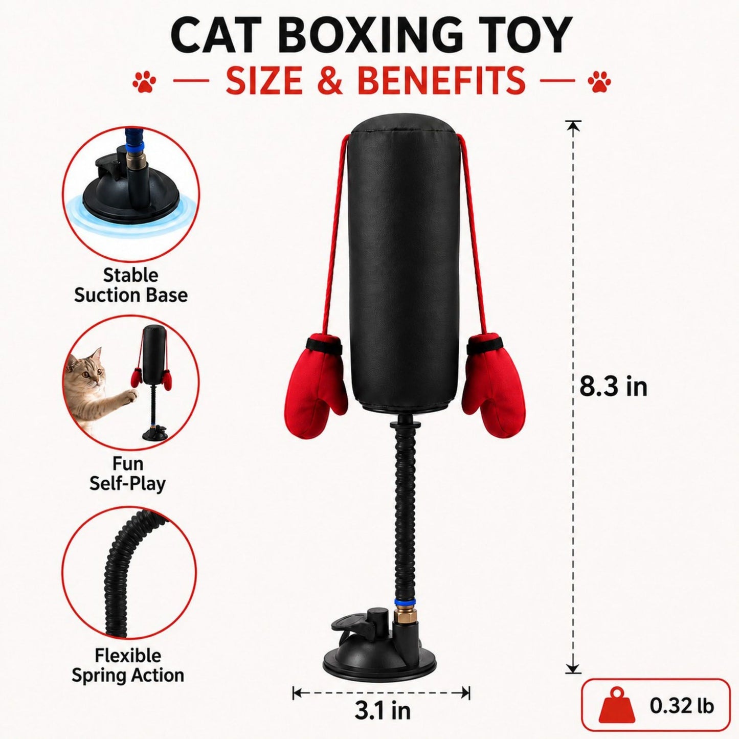 Interactive Cat Boxing Toy with Suction Cup Base, Spring Rebound Punching Bag and Hanging Gloves