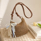 Decorative Woven Crossbody Bag with Pearl Charm, Scarf Accent and Zip Closure