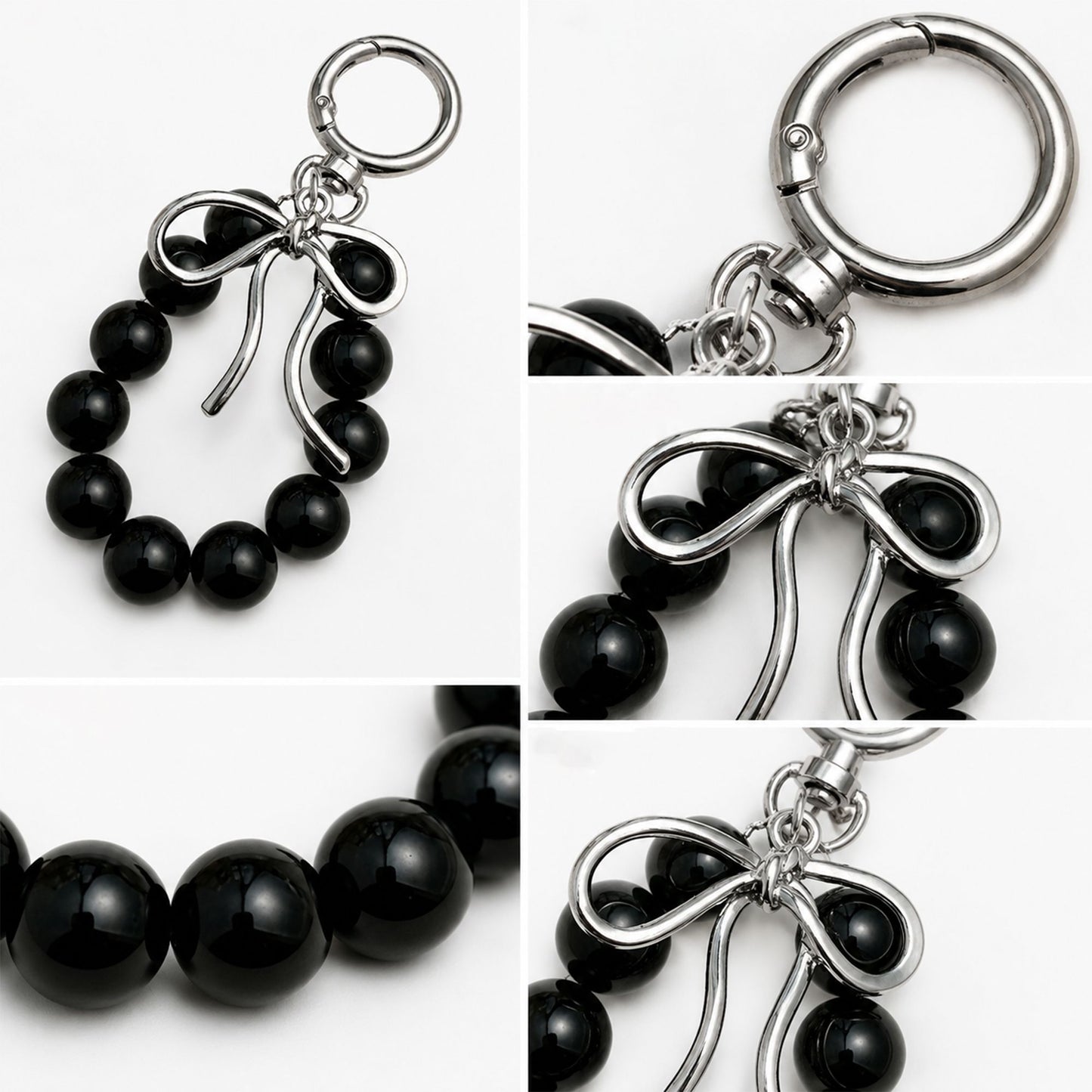 Beaded Bow Keychain with Round Bead Loop and Metal Clip Bag Charm