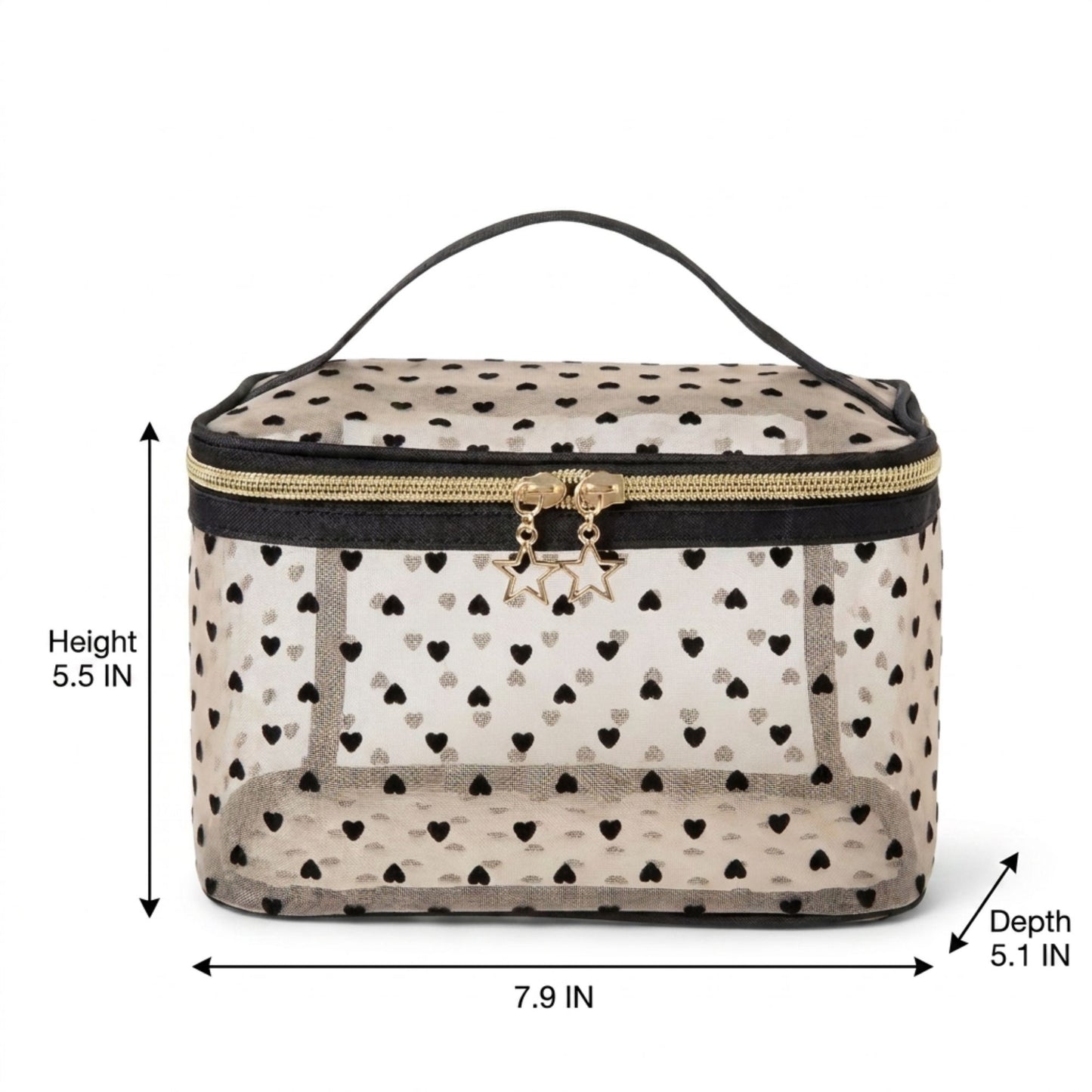 Heart Print Mesh Makeup Bag Large Travel Cosmetic Toiletry Organizer with Handle