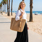 Woven Straw Tote Bag Large Capacity Zip Top Shoulder Carryall with Tassel Accent