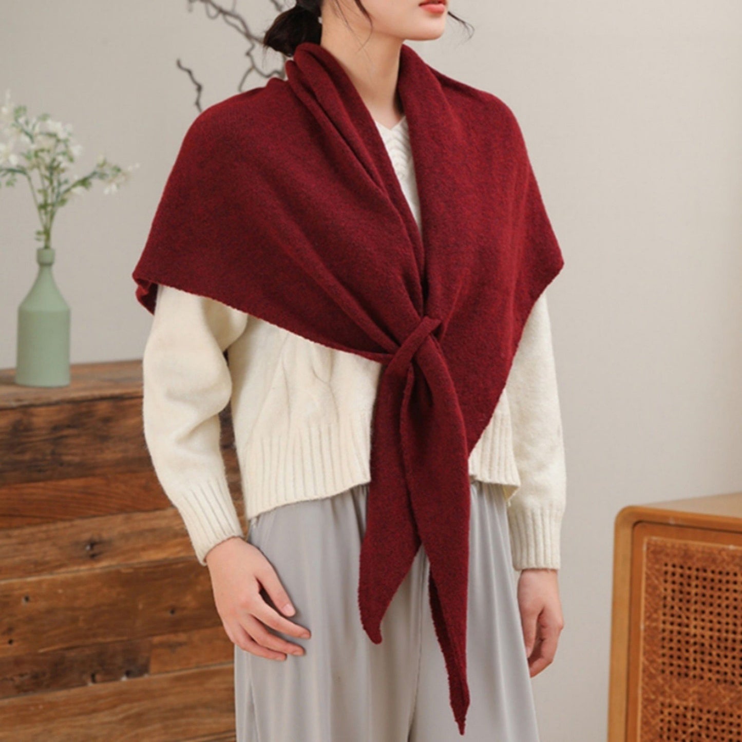 Soft Solid Knit Scarf with Draped Shape, Smooth Textured Finish, and Versatile Wrap Styling Design 68.5x45.5x28.5in