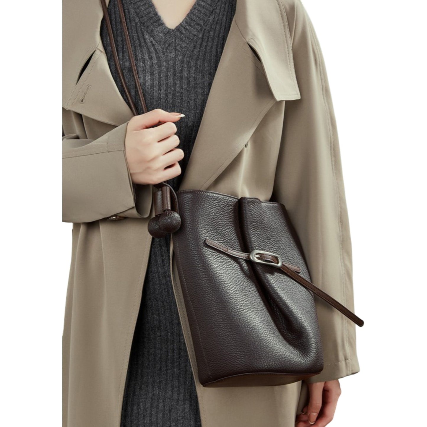 Pebbled Leather Bucket Shoulder Tote with Adjustable Buckle Accent and Open Top Design