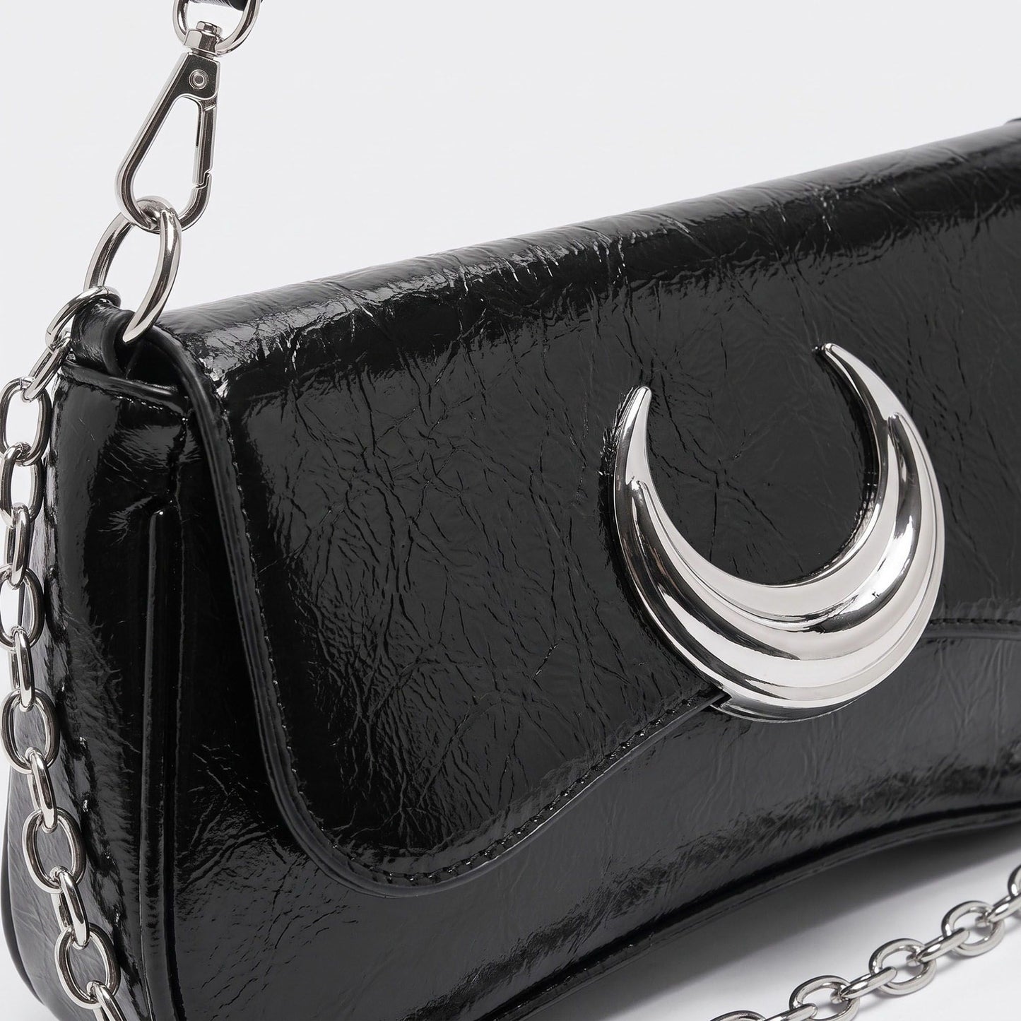 Glossy Crescent Accent Flap Shoulder Bag with Chain Detail