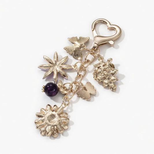 Floral Charm Keychain with Heart Clip Pendant Multi Shape Metal Bag Charm Key Ring Accessory