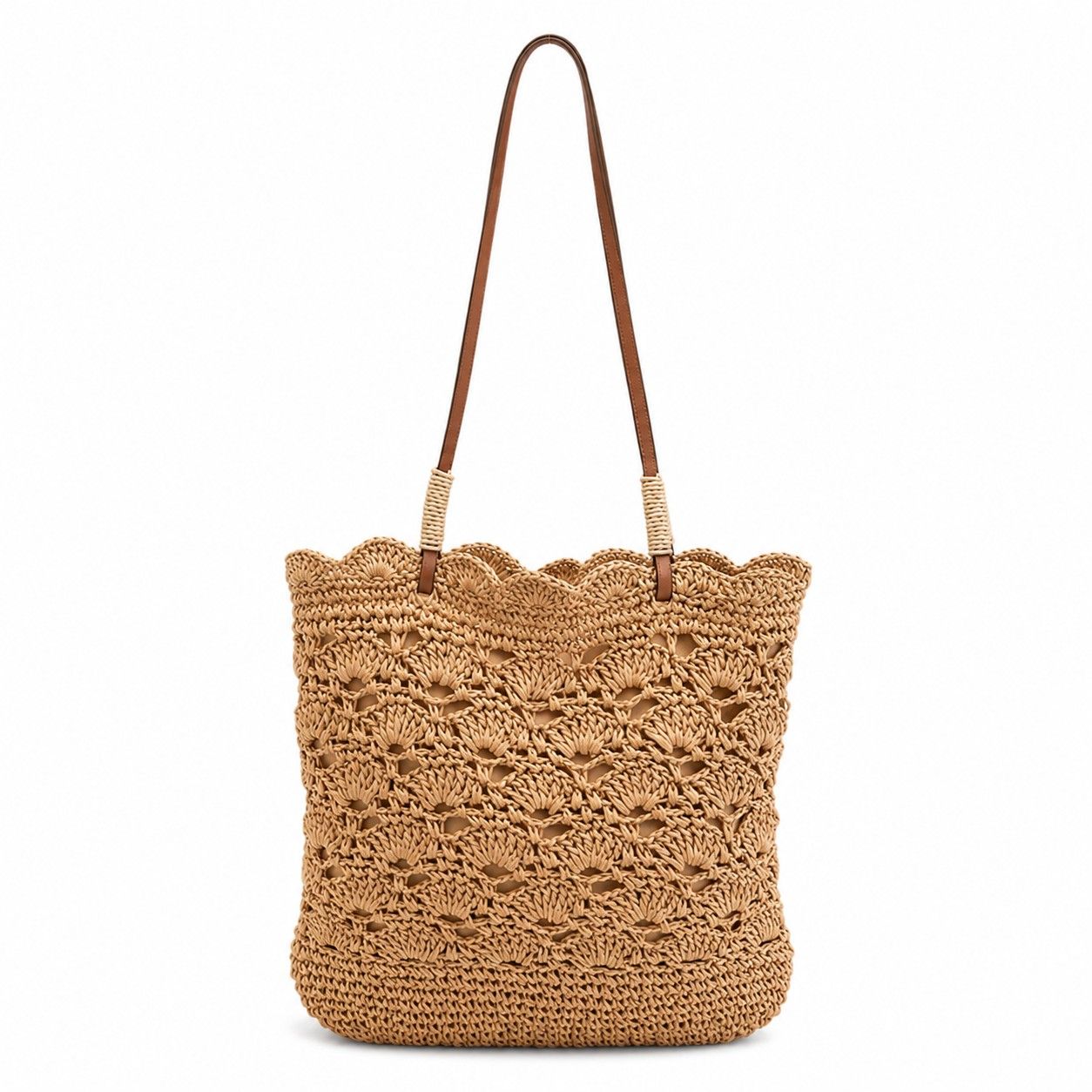 Crochet Woven Shoulder Bag with Zip Closure and Scalloped Bucket Shape