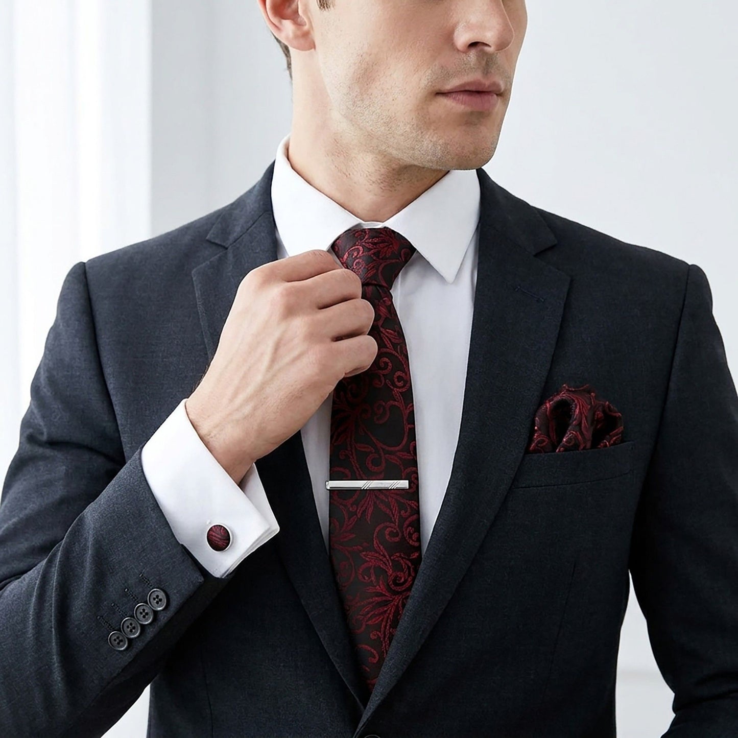 Men's Baroque Floral Tie Gift Set with Matching Pocket Square Cufflinks and Silver Tie Clip