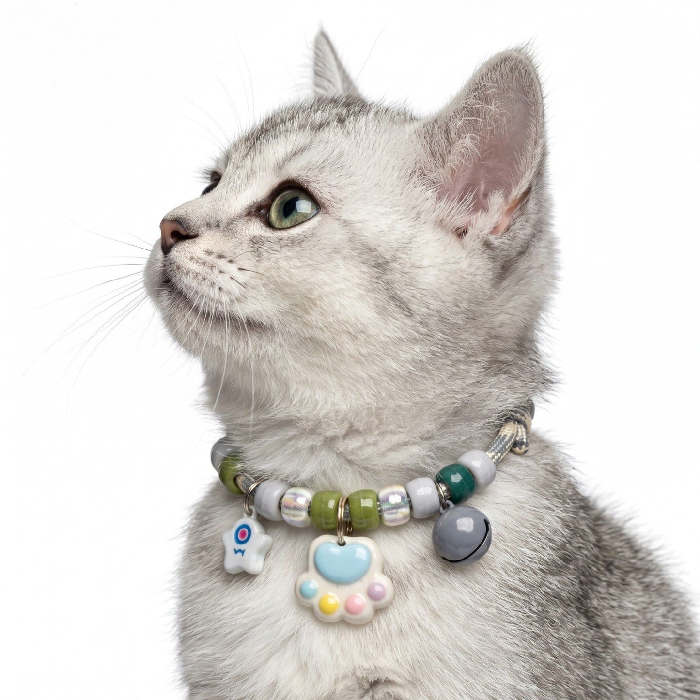 Adjustable Pet Collar with Bell Paw Charm Beaded Necklace Colorful Decorative Collar for Cats and Small Dogs