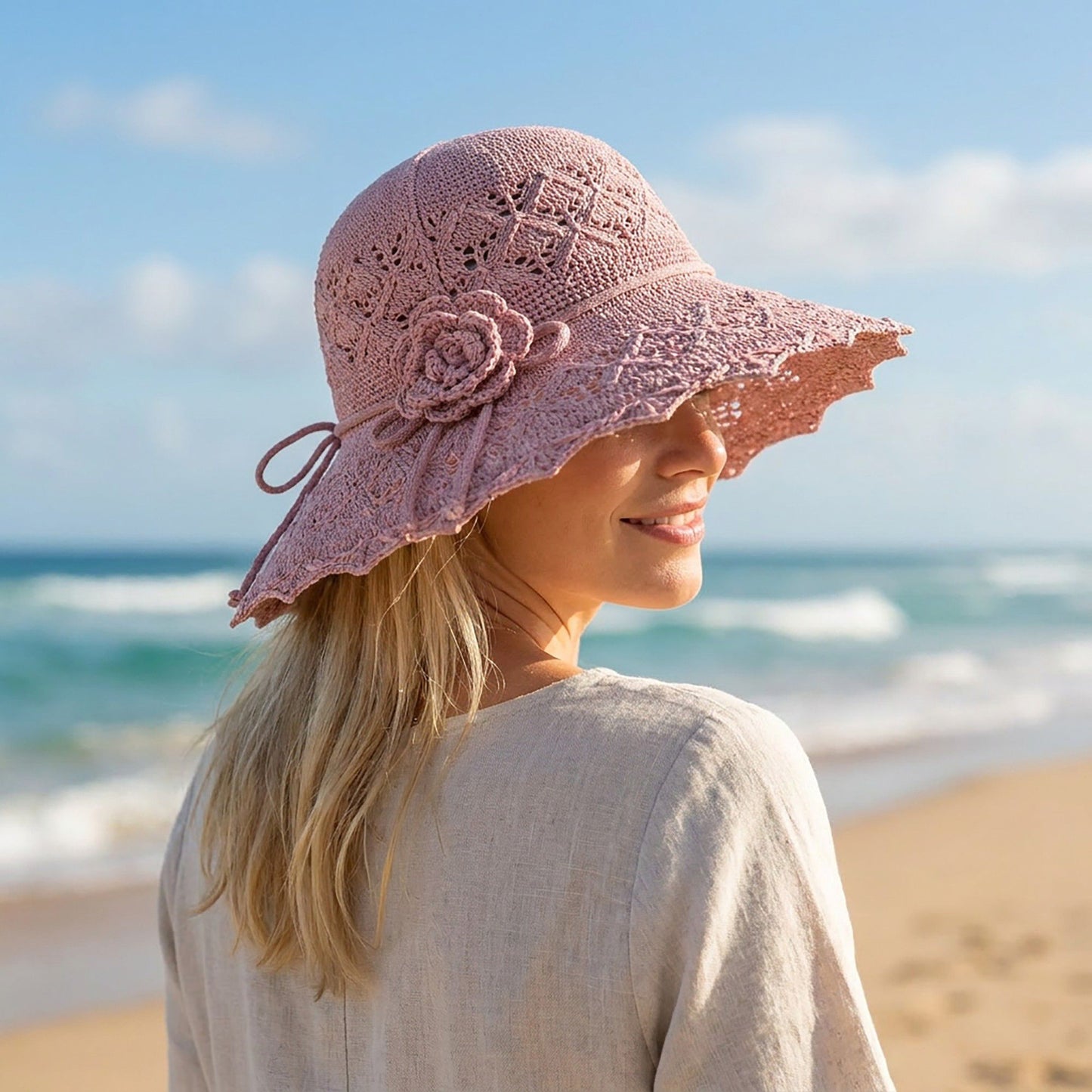 Crochet Wide Brim Sun Hat with Scalloped Edge Floral Accent and Chin Strap