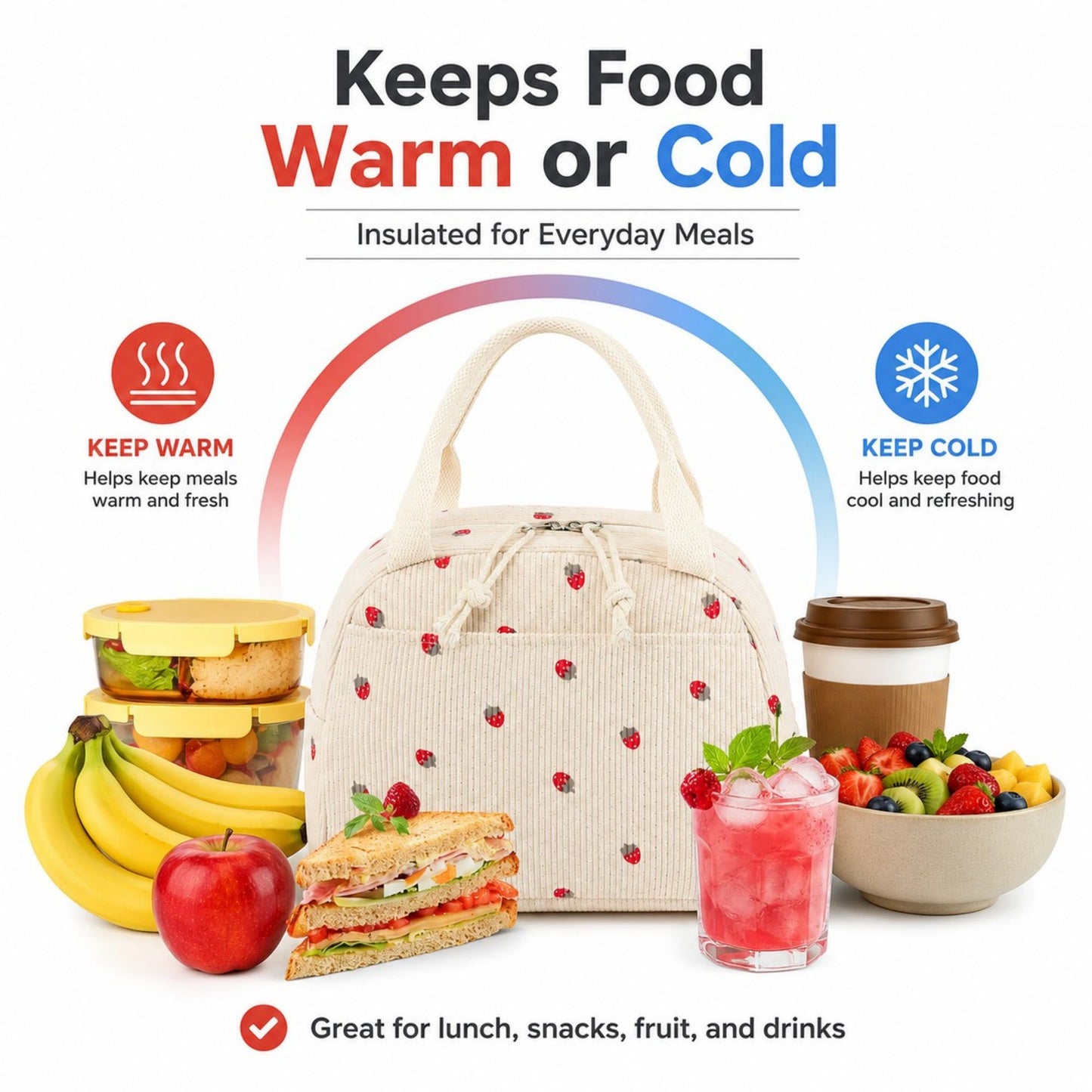 Strawberry Print Corduroy Insulated Lunch Bag with Handles and Zip Closure