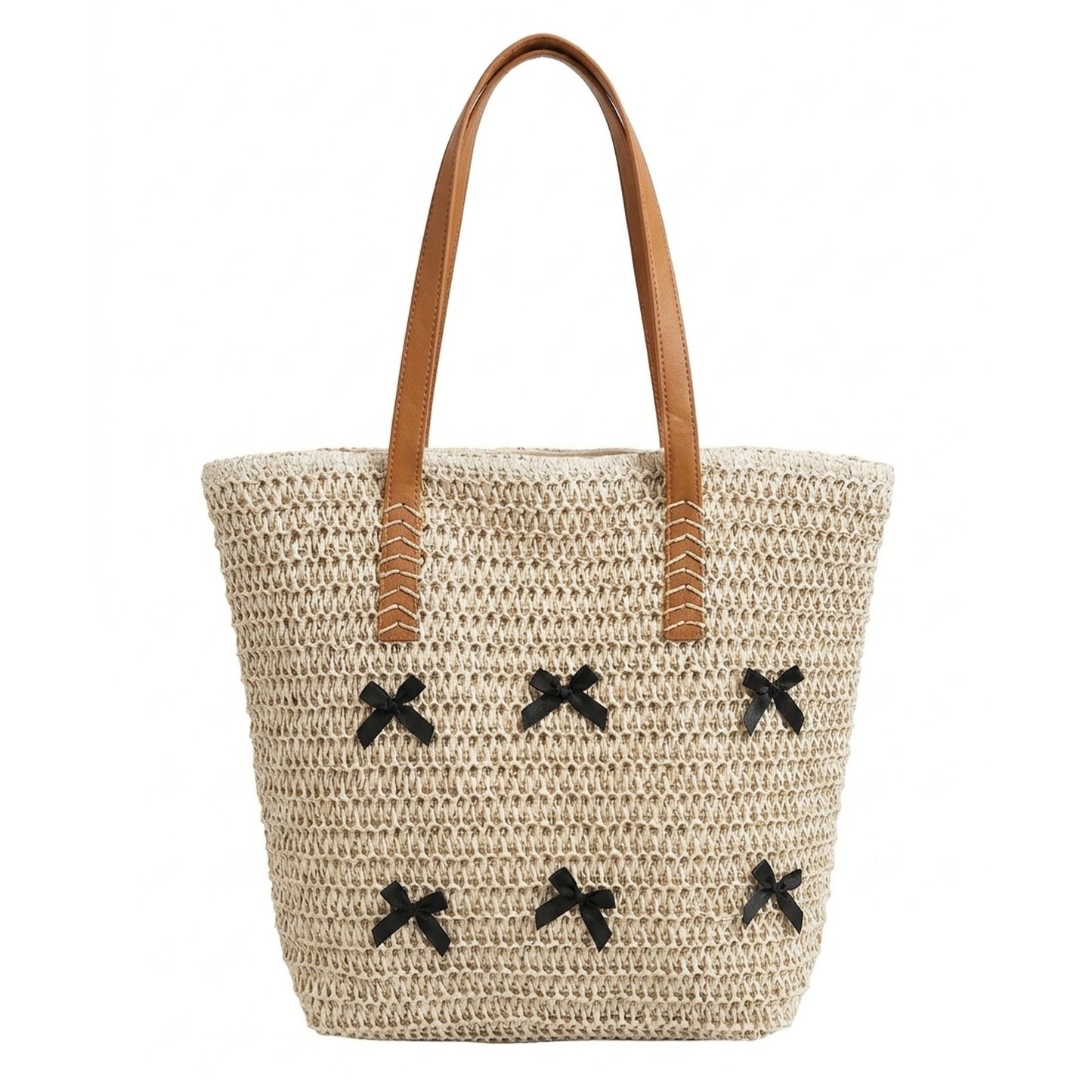 Woven Crochet Tote Bag with Bow Detail Leather Strap Shoulder Handbag Lightweight Knit Large Tote