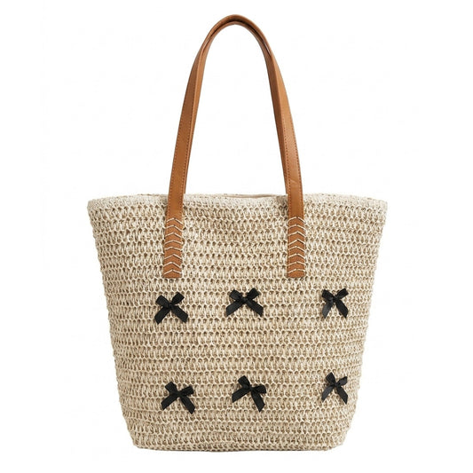 Woven Crochet Tote Bag with Bow Detail Leather Strap Shoulder Handbag Lightweight Knit Large Tote