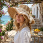 Wide Brim Straw Sun Hat with Sheer Lace Overlay Bow Accent and Scalloped Edge