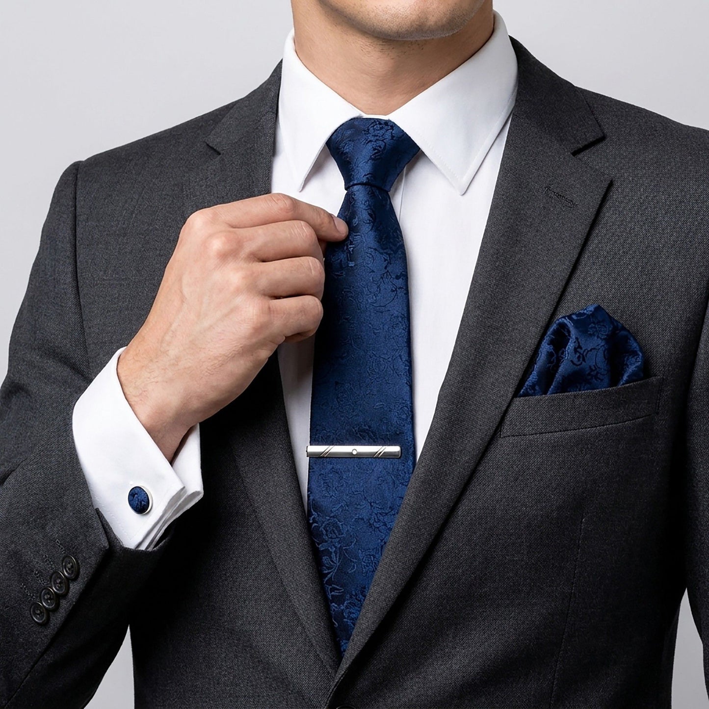 Men's Rose Floral Tie Gift Set with Matching Pocket Square Cufflinks and Silver Tie Clip