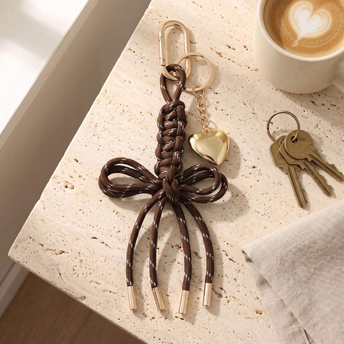 Macrame Bow Keychain with Heart Charm