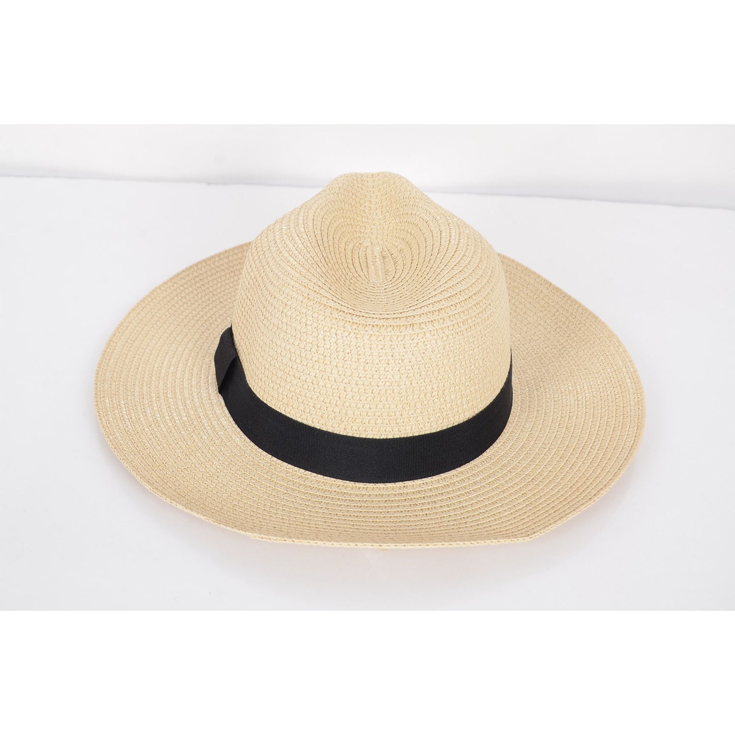 Wide Brim Straw Fedora Sun Hat with Black Band Lightweight Packable Summer Panama Hat for UV Protection