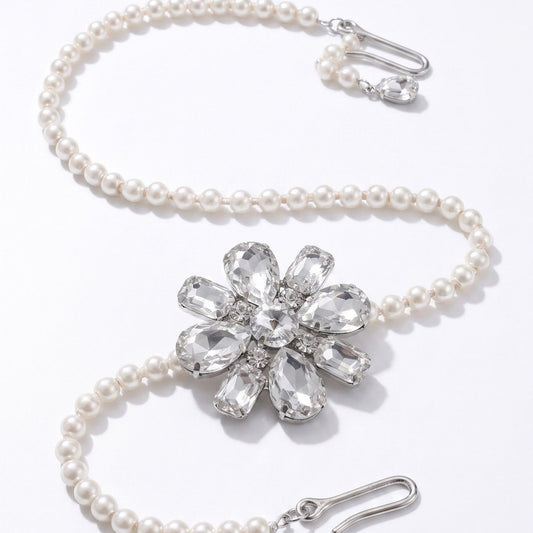 Crystal Floral Pearl Waist Chain Adjustable Elegant Body Belt Glam Floral Inspired Waist Jewelry 47.2in