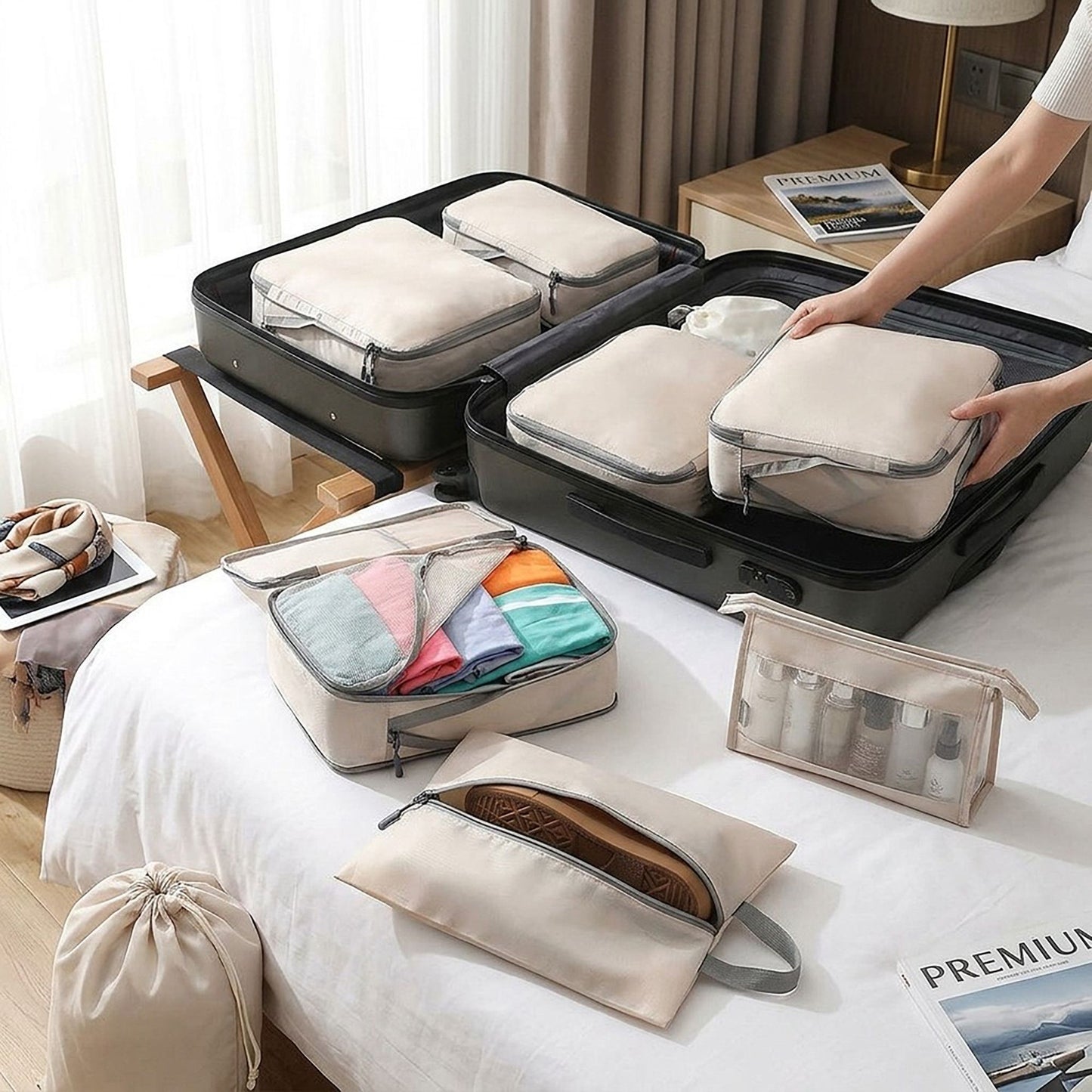 6 Piece Travel Packing Cube Set with Shoe Bag and Laundry Bag