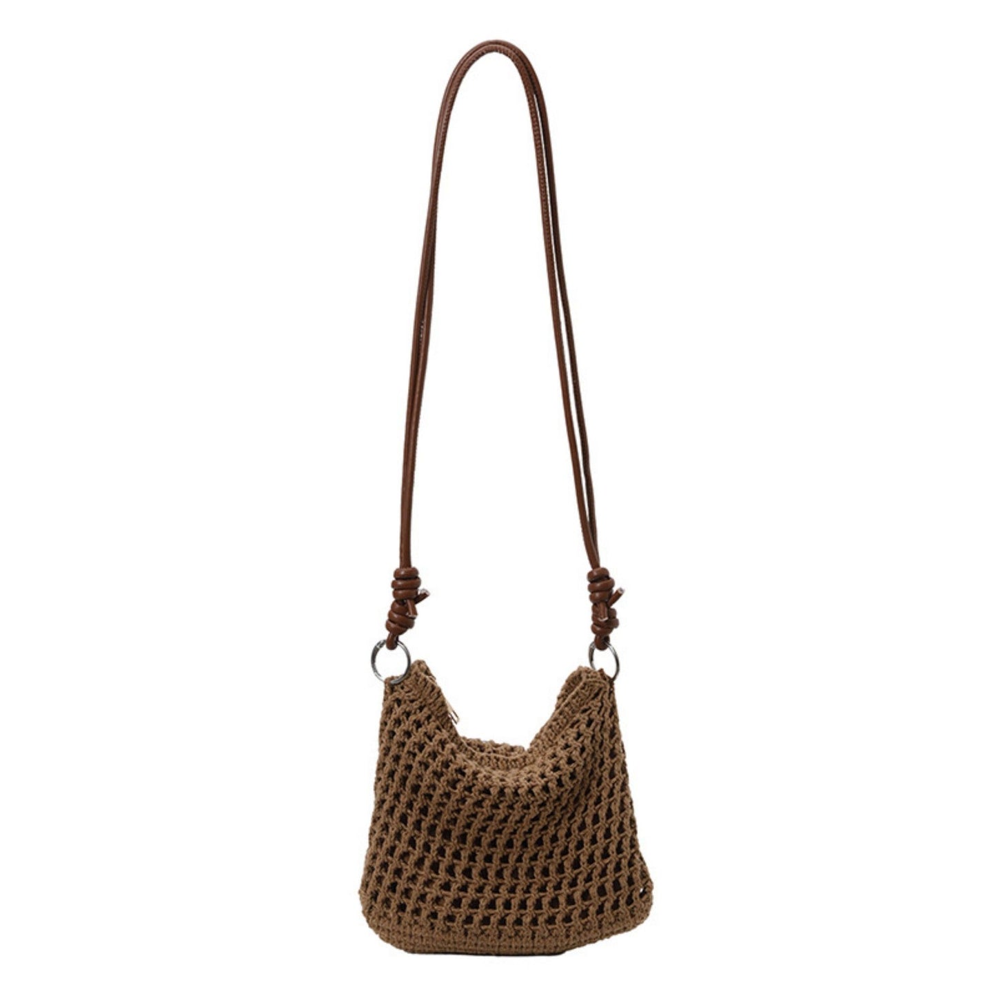Women's Woven Net Shoulder Bag with Long Strap and Zipper Closure