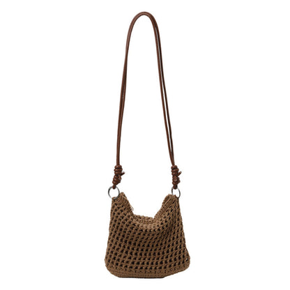 Women's Woven Net Shoulder Bag with Long Strap and Zipper Closure